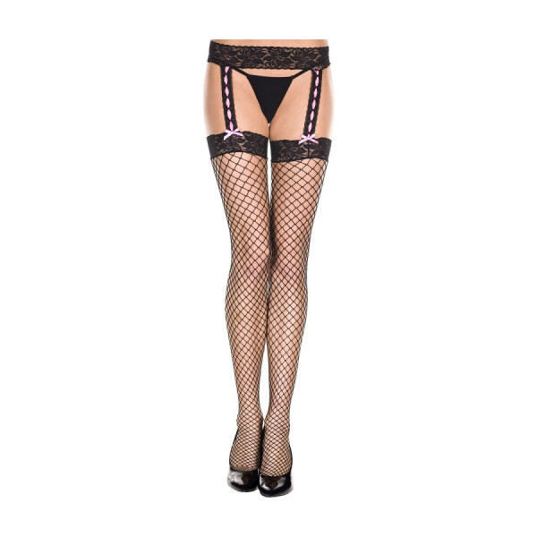 Collant résille noir effet porte-jarretelles et ruban rose 